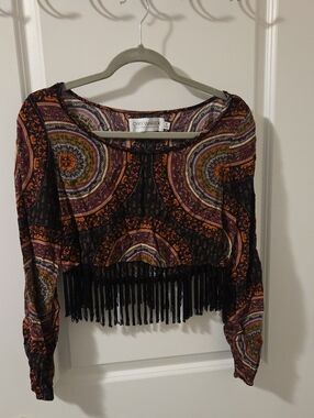 Gypsy Warrior Black Multi Mandala Fringe Crop Top